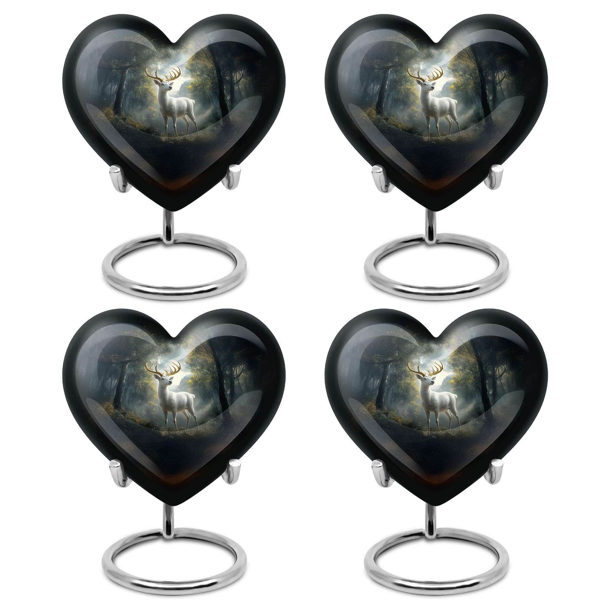 Dark Black Deer Cremation Urn angled view of lid and engraved motif - compassionate heart-deer combination with gentle curves - 10 inch aluminum urn for cremated remains