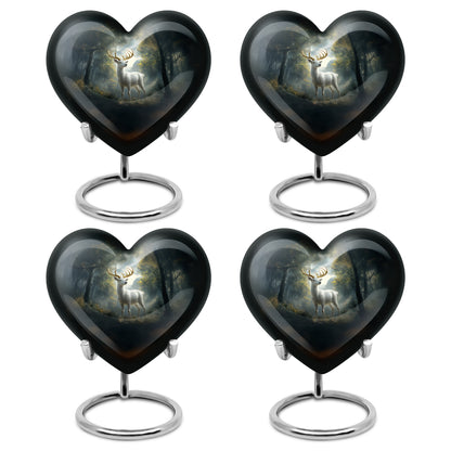 Dark Black Deer Cremation Urn angled view of lid and engraved motif - compassionate heart-deer combination with gentle curves - 10 inch aluminum urn for cremated remains