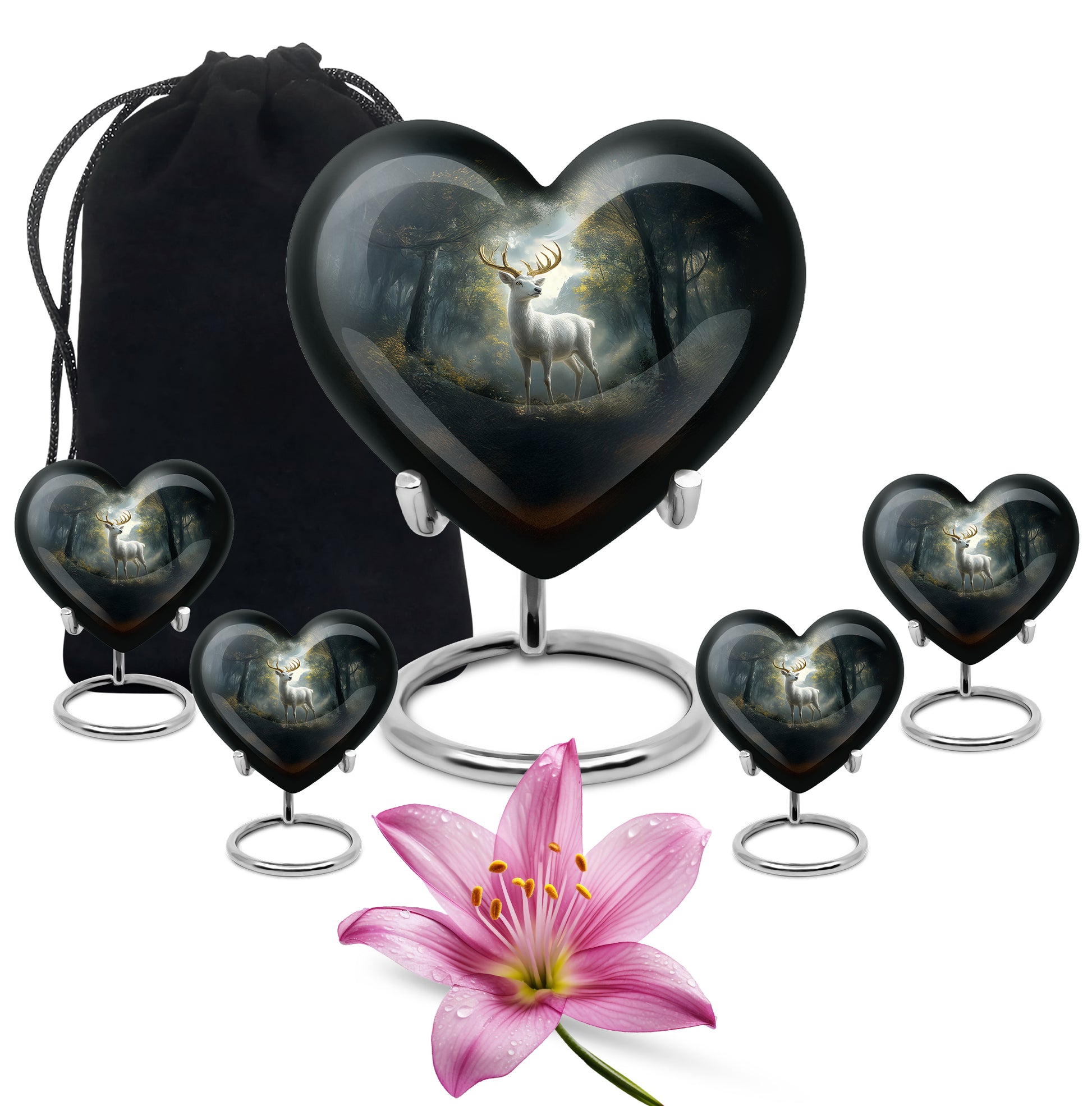 Ebony Deer Cremation Urn close-up of engraving and surface detail - loving heart memorial featuring deer pattern - memorial set with one large and four small urns