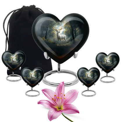 Ebony Deer Cremation Urn close-up of engraving and surface detail - loving heart memorial featuring deer pattern - memorial set with one large and four small urns