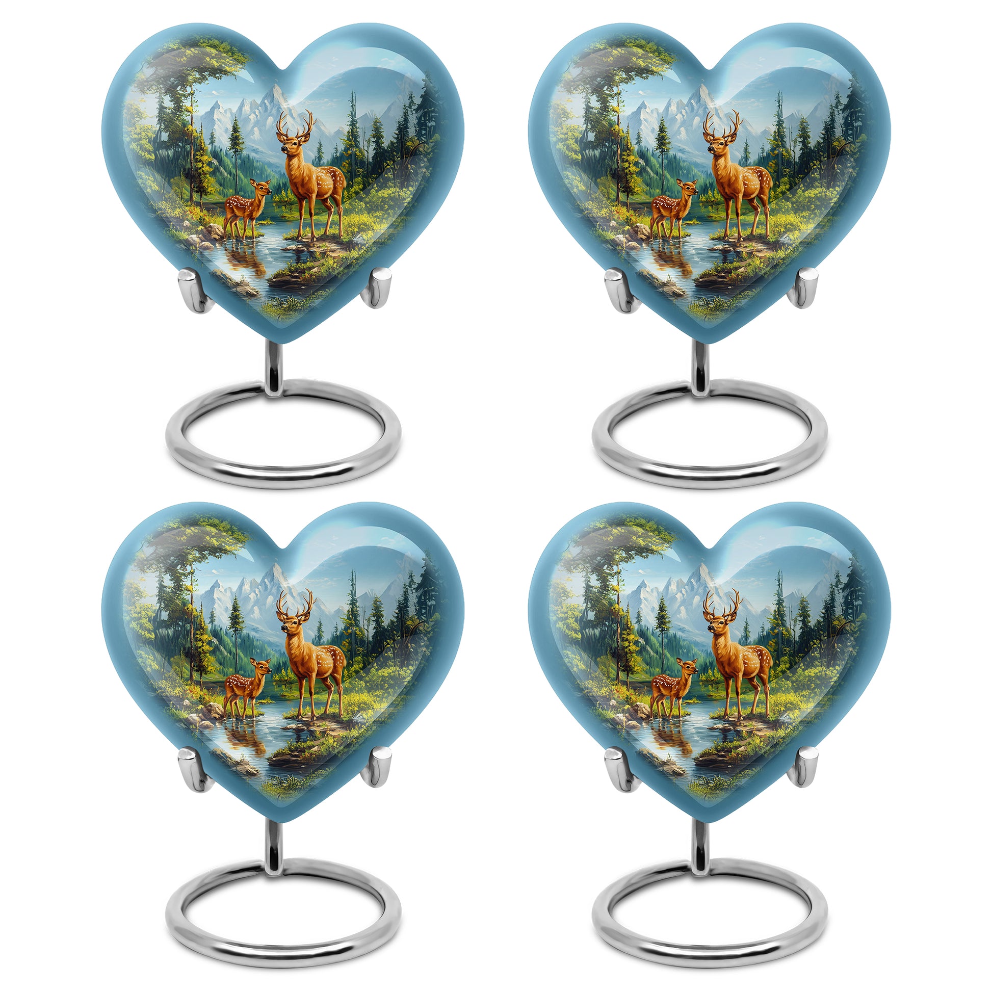 Royal Blue Deer Cremation Urn angled view of lid and engraved motif - romantic heart urn with deer motif on aluminum - 10 inch aluminum urn for cremated remains