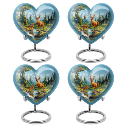 Royal Blue Deer Cremation Urn angled view of lid and engraved motif - romantic heart urn with deer motif on aluminum - 10 inch aluminum urn for cremated remains