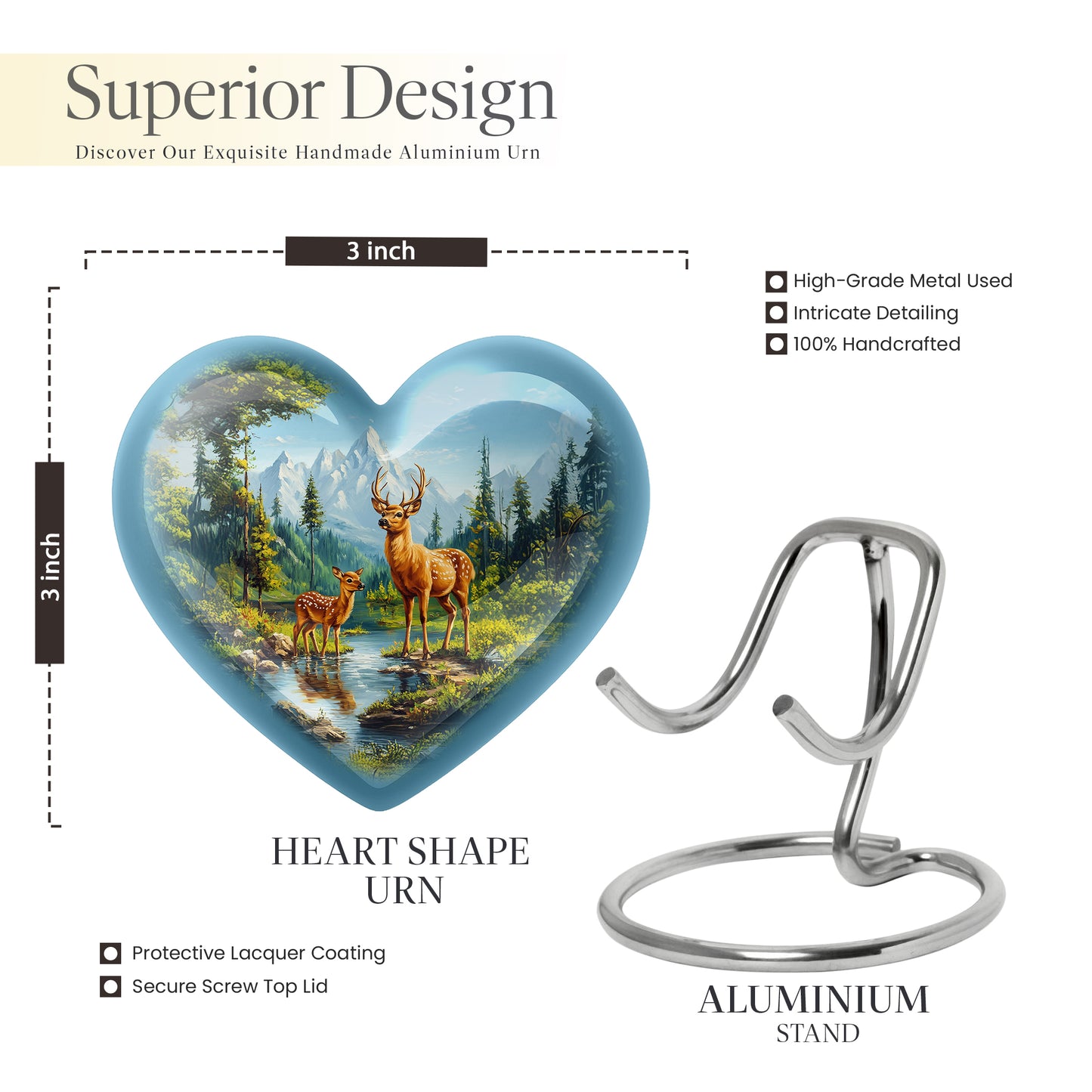 Navy Blue Deer Cremation Urn front view showing detailed design - heart-shaped deer design symbolizing eternal love - mini keepsake memorial for portion of cremation ashes