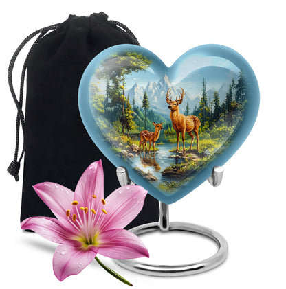 Cornflower Blue Deer Cremation Urn detail view - romantic heart urn with deer motif on aluminum - full-size 10 inch 200 cubic inch adult cremation urn
