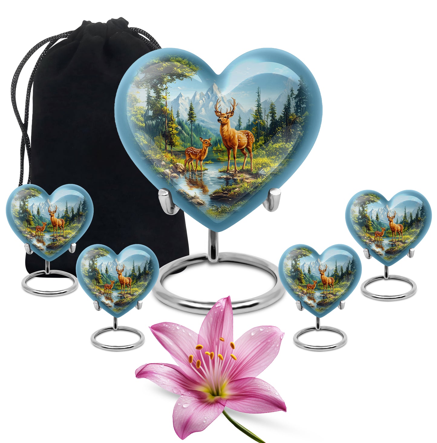 Soft Blue Deer Cremation Urn close-up of engraving and surface detail - romantic heart urn with deer motif on aluminum - memorial set with one large and four small urns