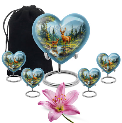 Soft Blue Deer Cremation Urn close-up of engraving and surface detail - romantic heart urn with deer motif on aluminum - memorial set with one large and four small urns