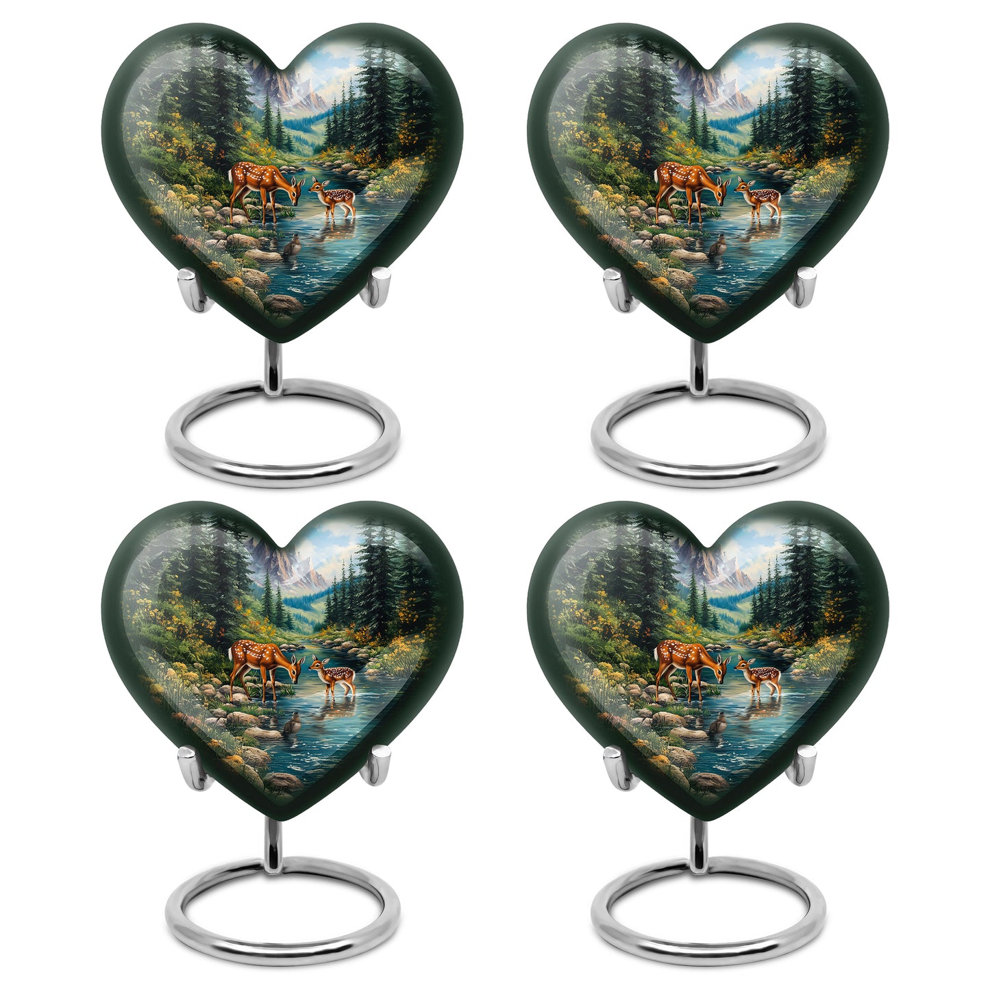 Twilight Blue Deer Cremation Urn angled view of lid and engraved motif - romantic heart urn with deer motif on aluminum - 10 inch aluminum urn for cremated remains