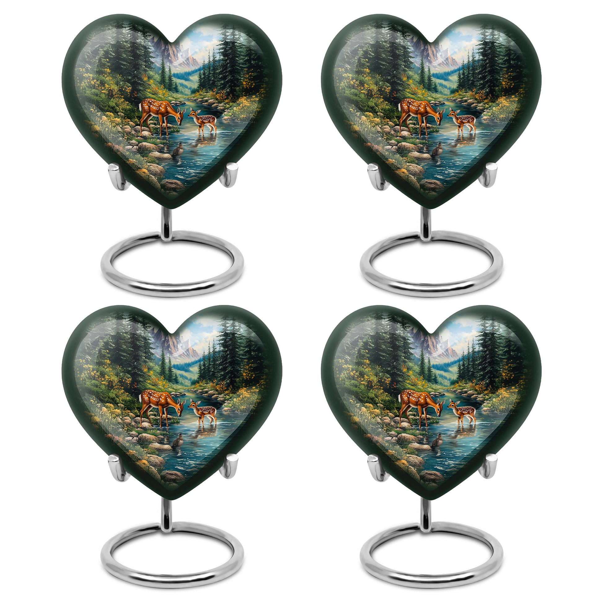 Twilight Blue Deer Cremation Urn angled view of lid and engraved motif - romantic heart urn with deer motif on aluminum - 10 inch aluminum urn for cremated remains