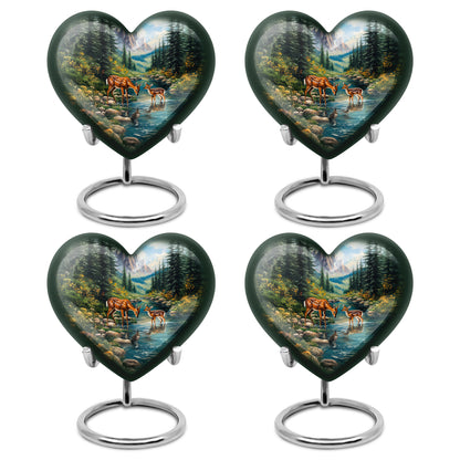 Twilight Blue Deer Cremation Urn angled view of lid and engraved motif - romantic heart urn with deer motif on aluminum - 10 inch aluminum urn for cremated remains