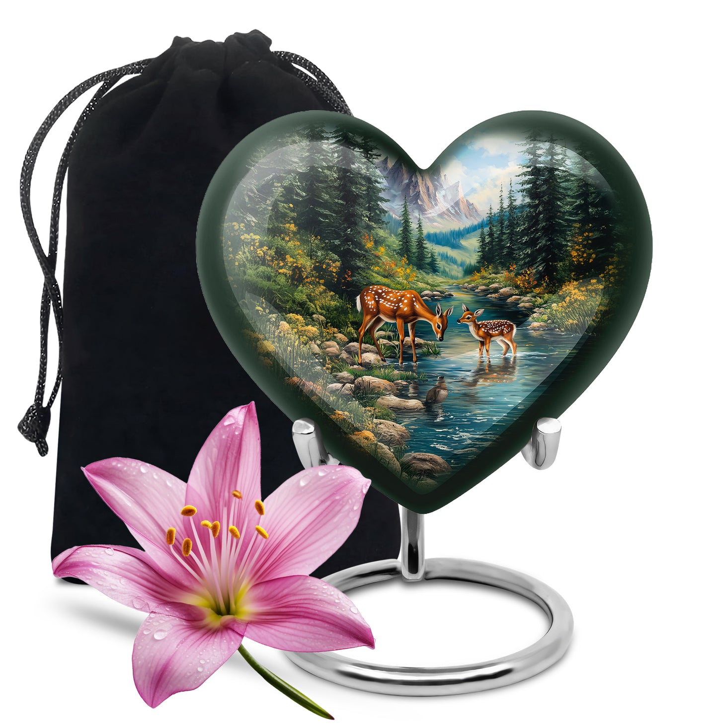 Indigo Deer Cremation Urn detail view - loving heart memorial featuring deer pattern - full-size 10 inch 200 cubic inch adult cremation urn
