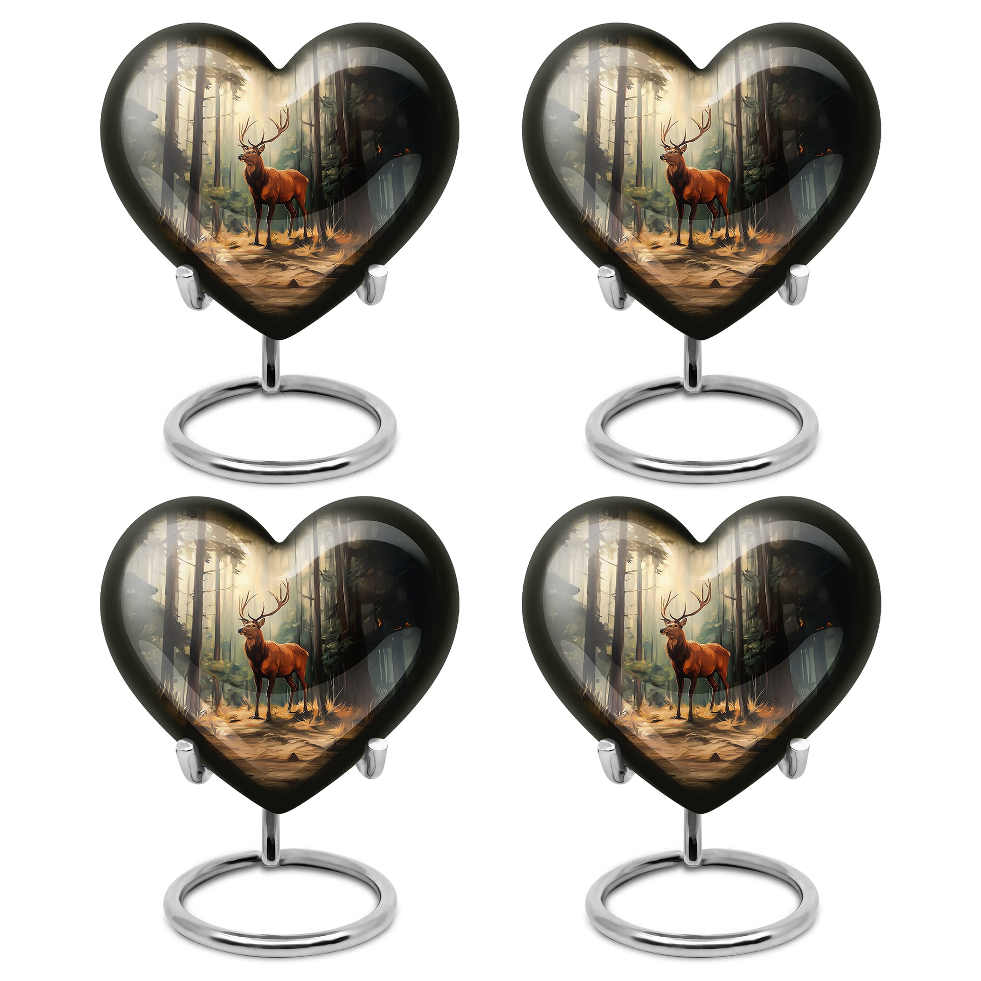 Rich Black Deer Cremation Urn angled view of lid and engraved motif - loving heart memorial featuring deer pattern - 10 inch aluminum urn for cremated remains