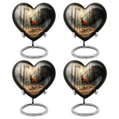 Rich Black Deer Cremation Urn angled view of lid and engraved motif - loving heart memorial featuring deer pattern - 10 inch aluminum urn for cremated remains