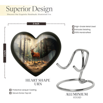 Ebony Deer Cremation Urn front view showing detailed design - heart-shaped deer design symbolizing eternal love - mini keepsake memorial for portion of cremation ashes