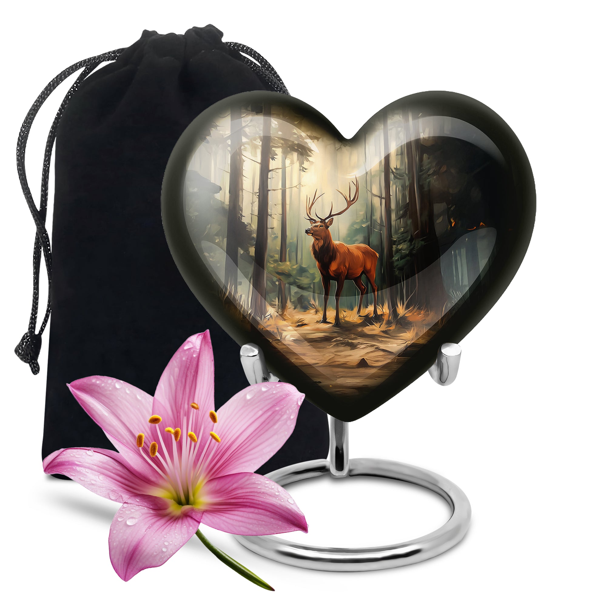 Rich Black Deer Cremation Urn detail view - loving heart memorial featuring deer pattern - full-size 10 inch 200 cubic inch adult cremation urn