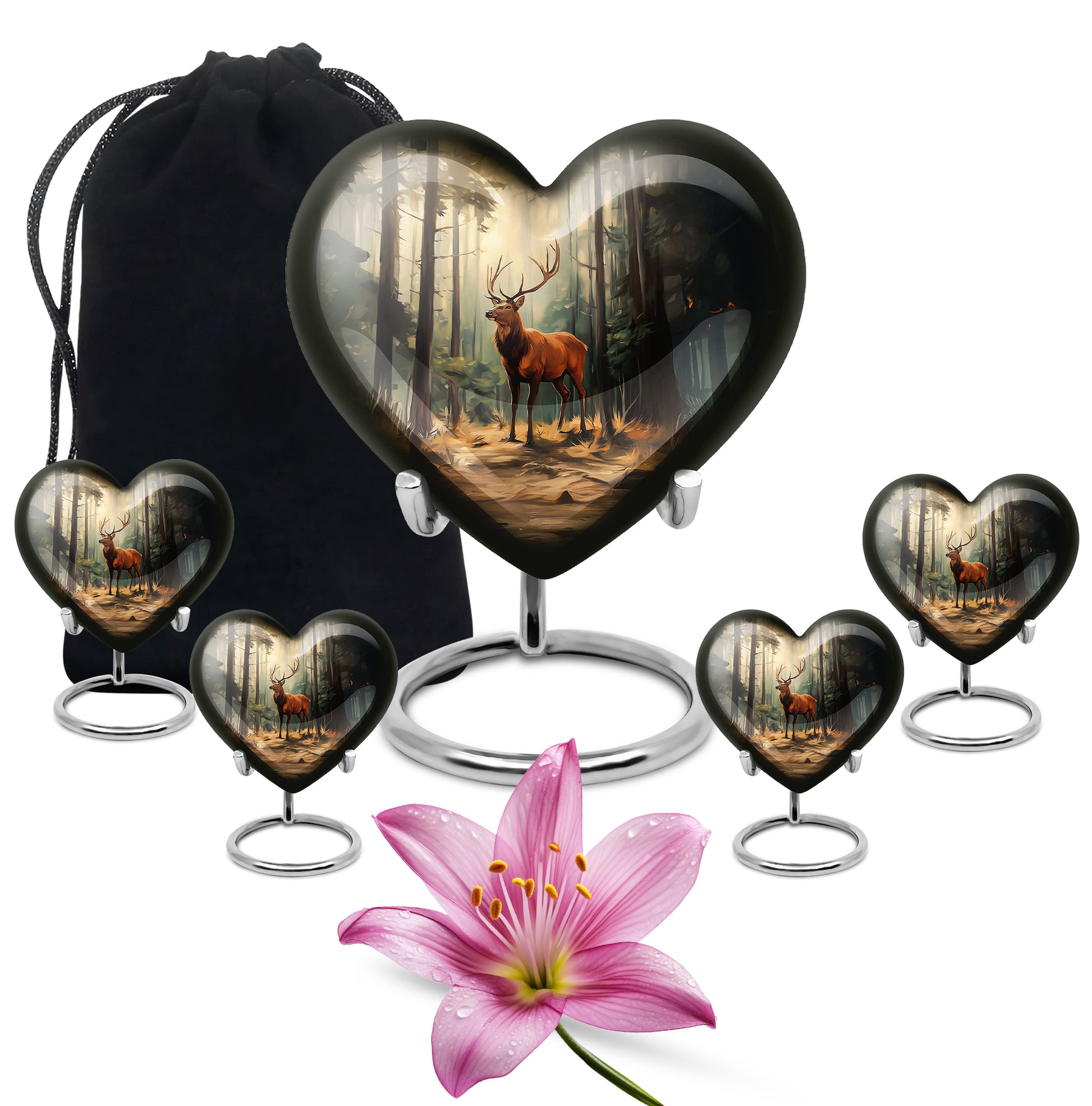 Rich Black Deer Cremation Urn close-up of engraving and surface detail - loving heart memorial featuring deer pattern - memorial set with one large and four small urns