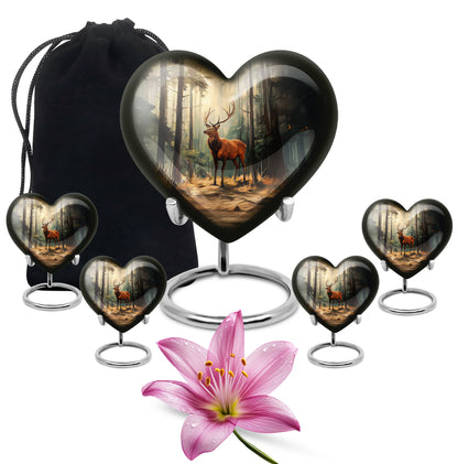 Rich Black Deer Cremation Urn close-up of engraving and surface detail - loving heart memorial featuring deer pattern - memorial set with one large and four small urns