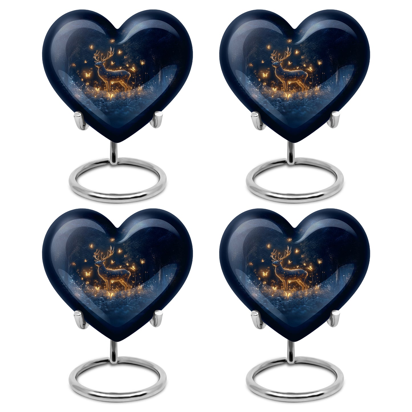Celestial Blue Deer Cremation Urn angled view of lid and engraved motif - heart-shaped deer design symbolizing eternal love - 10 inch aluminum urn for cremated remains