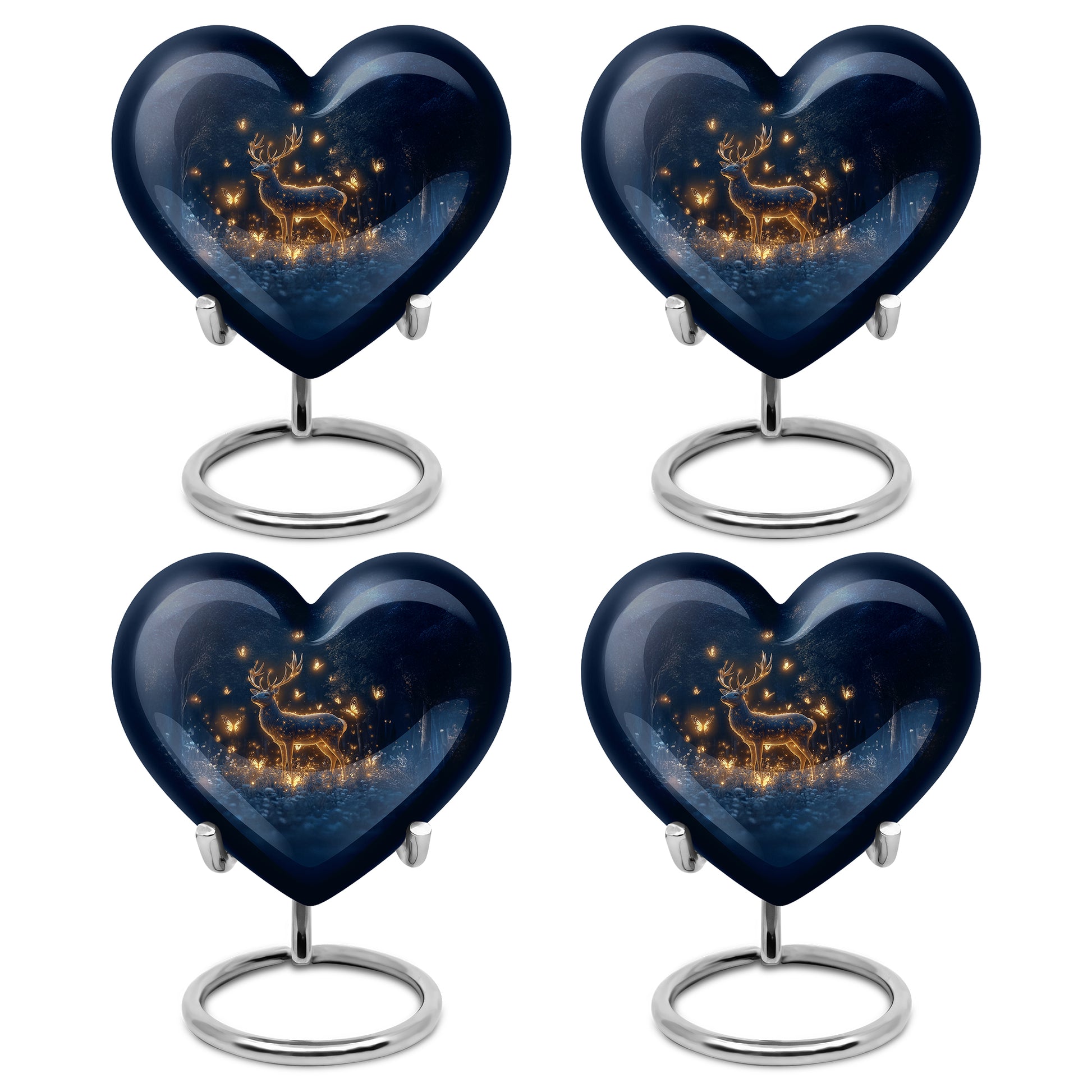 Celestial Blue Deer Cremation Urn angled view of lid and engraved motif - heart-shaped deer design symbolizing eternal love - 10 inch aluminum urn for cremated remains