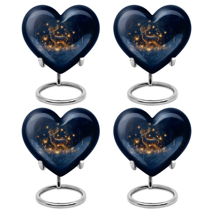 Celestial Blue Deer Cremation Urn angled view of lid and engraved motif - heart-shaped deer design symbolizing eternal love - 10 inch aluminum urn for cremated remains