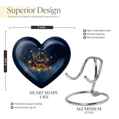 Indigo Deer Cremation Urn front view showing detailed design - heart-shaped deer design symbolizing eternal love - mini keepsake memorial for portion of cremation ashes