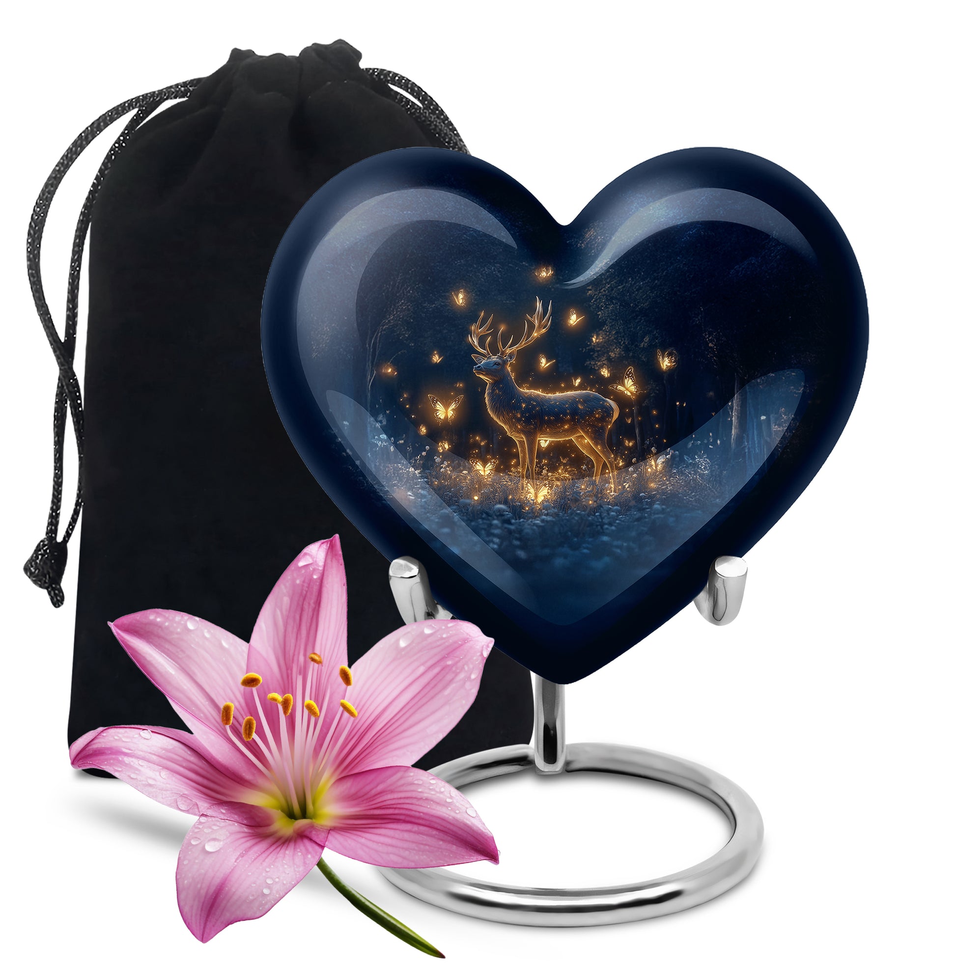 Dusty Blue Deer Cremation Urn detail view - heart-shaped deer design symbolizing eternal love - full-size 10 inch 200 cubic inch adult cremation urn