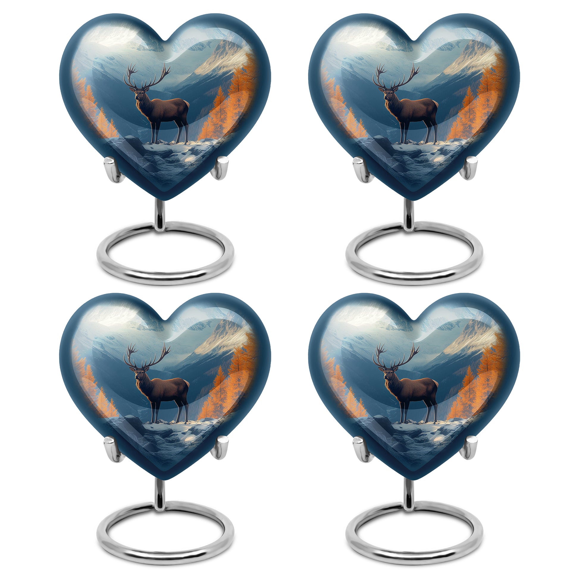 Soft Blue Deer Cremation Urn angled view of lid and engraved motif - romantic heart urn with deer motif on aluminum - 10 inch aluminum urn for cremated remains