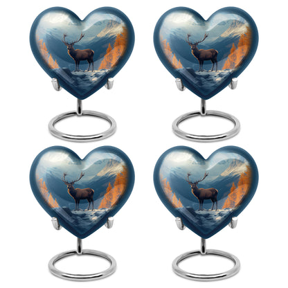 Soft Blue Deer Cremation Urn angled view of lid and engraved motif - romantic heart urn with deer motif on aluminum - 10 inch aluminum urn for cremated remains