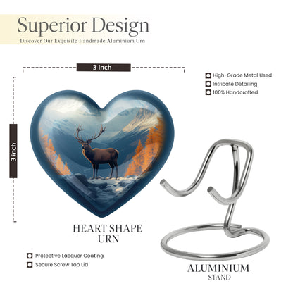 Calming Blue Deer Cremation Urn front view showing detailed design - romantic heart urn with deer motif on aluminum - mini keepsake memorial for portion of cremation ashes