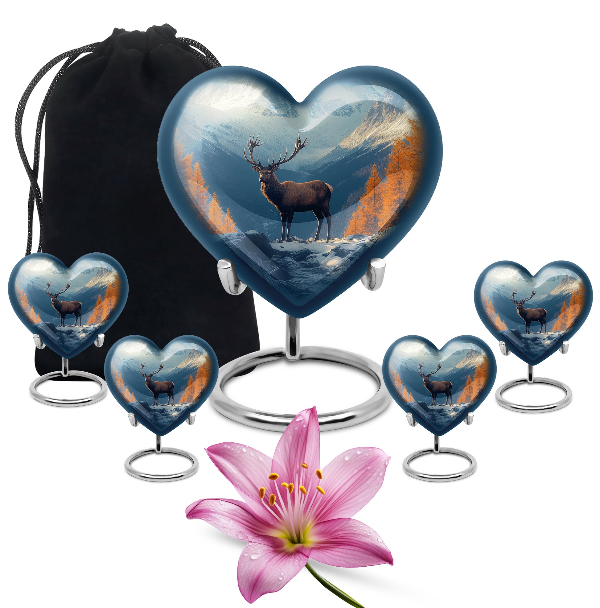 Misty Blue Deer Cremation Urn close-up of engraving and surface detail - heart-shaped deer design symbolizing eternal love - memorial set with one large and four small urns