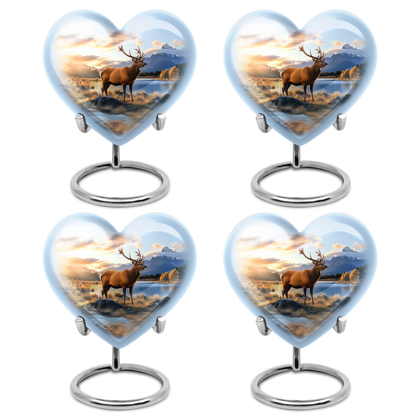 Misty Blue Deer Cremation Urn angled view of lid and engraved motif - loving heart memorial featuring deer pattern - 10 inch aluminum urn for cremated remains