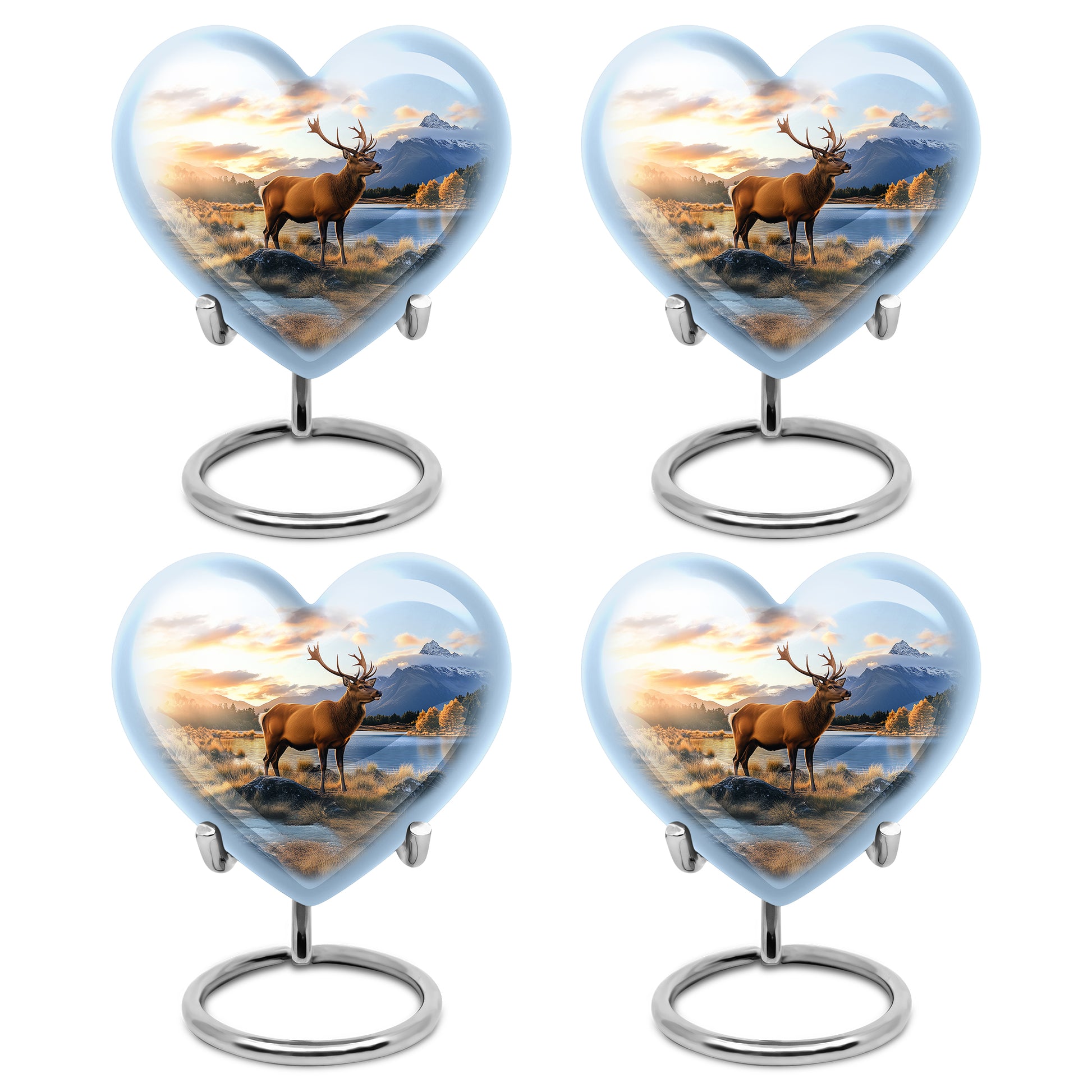 Misty Blue Deer Cremation Urn angled view of lid and engraved motif - loving heart memorial featuring deer pattern - 10 inch aluminum urn for cremated remains