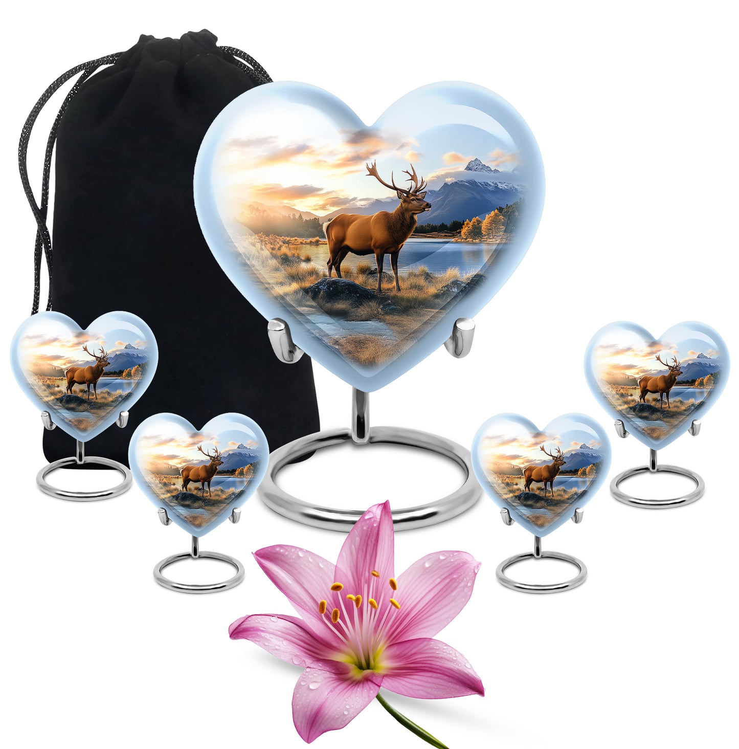 Soft Blue Deer Cremation Urn close-up of engraving and surface detail - romantic heart urn with deer motif on aluminum - memorial set with one large and four small urns