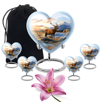 Soft Blue Deer Cremation Urn close-up of engraving and surface detail - romantic heart urn with deer motif on aluminum - memorial set with one large and four small urns