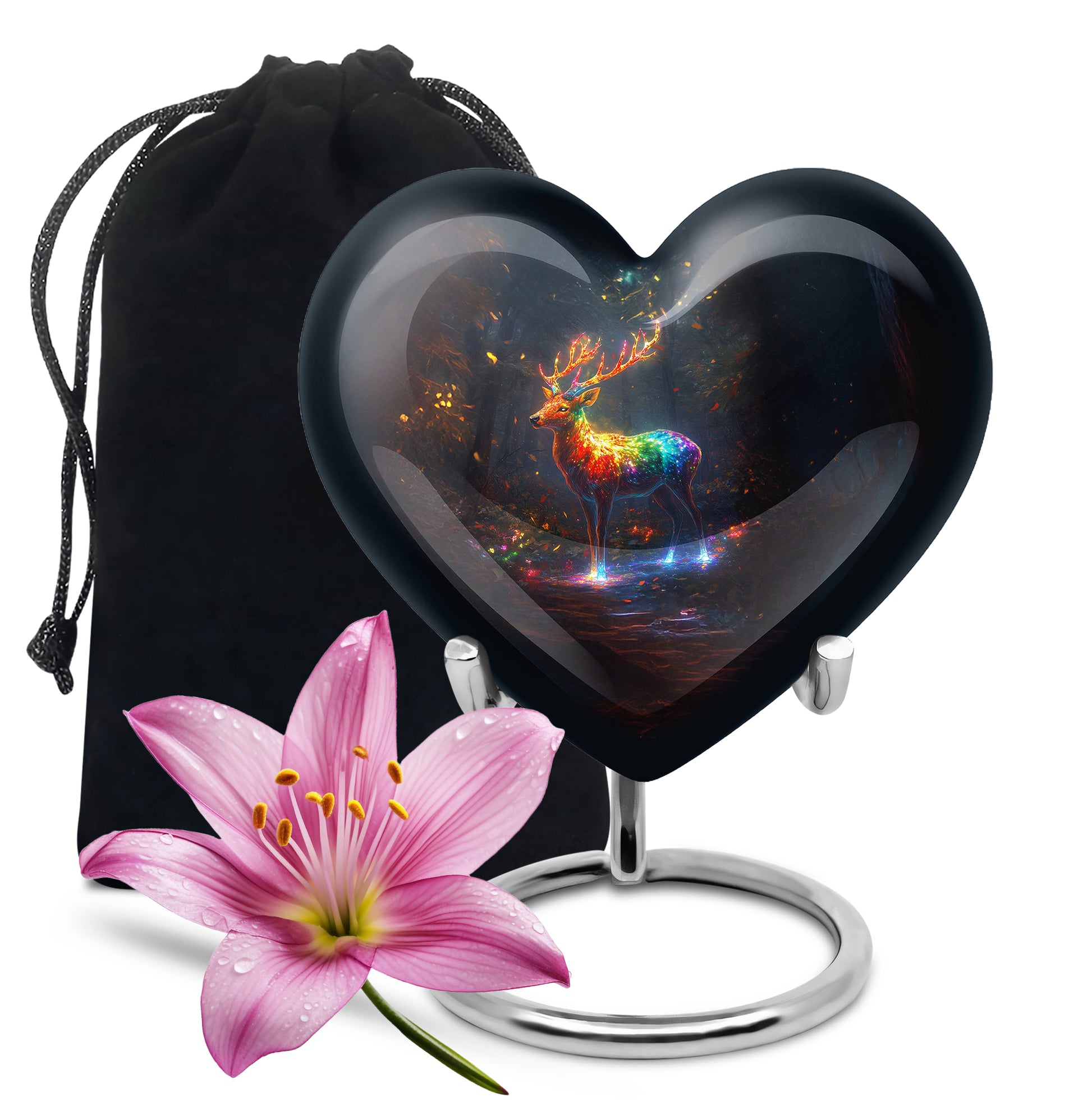 Twilight Blue Deer Cremation Urn detail view - romantic heart urn with deer motif on aluminum - full-size 10 inch 200 cubic inch adult cremation urn