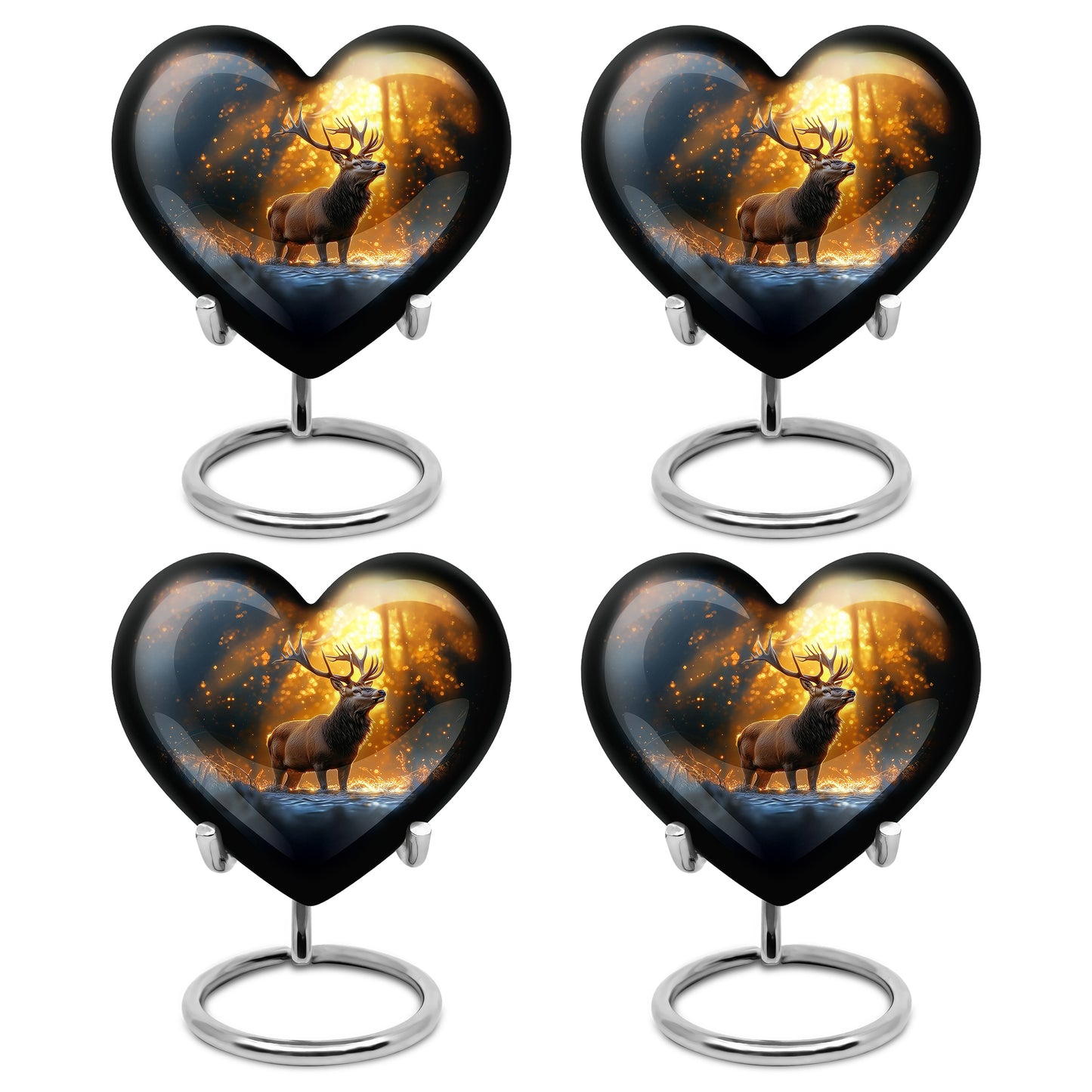 Harvest Gold Deer Cremation Urn angled view of lid and engraved motif - compassionate heart-deer combination with gentle curves - 10 inch aluminum urn for cremated remains