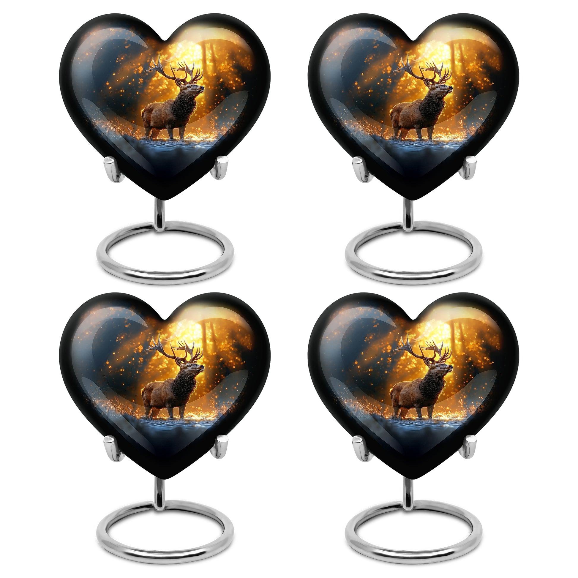 Harvest Gold Deer Cremation Urn angled view of lid and engraved motif - compassionate heart-deer combination with gentle curves - 10 inch aluminum urn for cremated remains