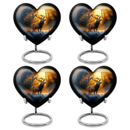 Harvest Gold Deer Cremation Urn angled view of lid and engraved motif - compassionate heart-deer combination with gentle curves - 10 inch aluminum urn for cremated remains