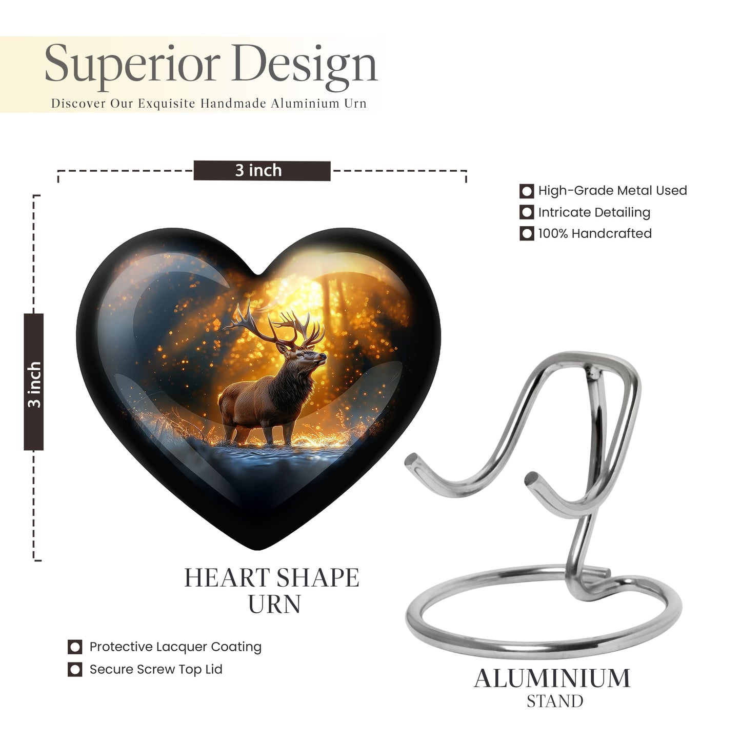 Champagne Gold Deer Cremation Urn front view showing detailed design - heart-shaped deer design symbolizing eternal love - mini keepsake memorial for portion of cremation ashes