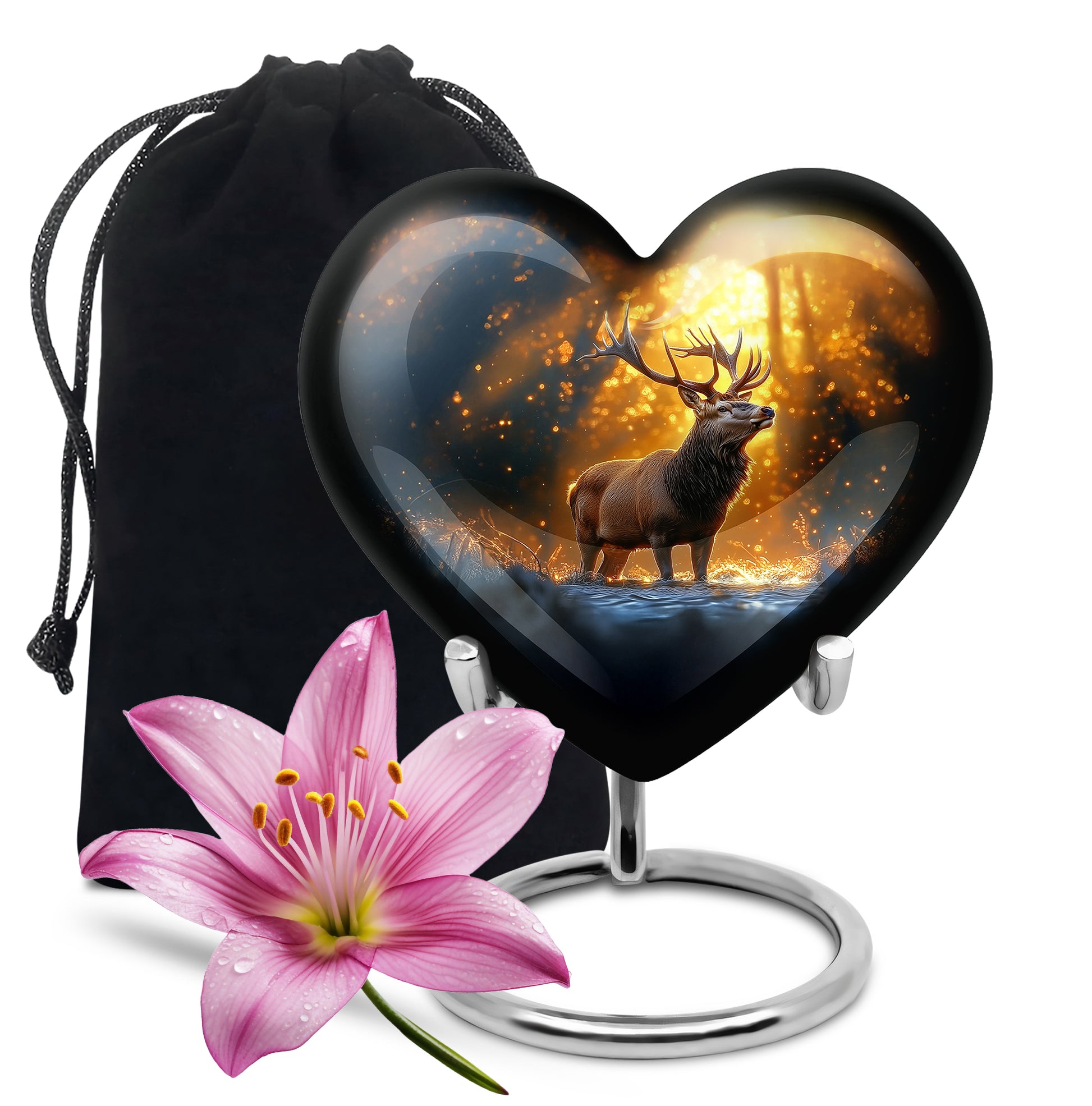 Matte Gold Deer Cremation Urn detail view - romantic heart urn with deer motif on aluminum - full-size 10 inch 200 cubic inch adult cremation urn