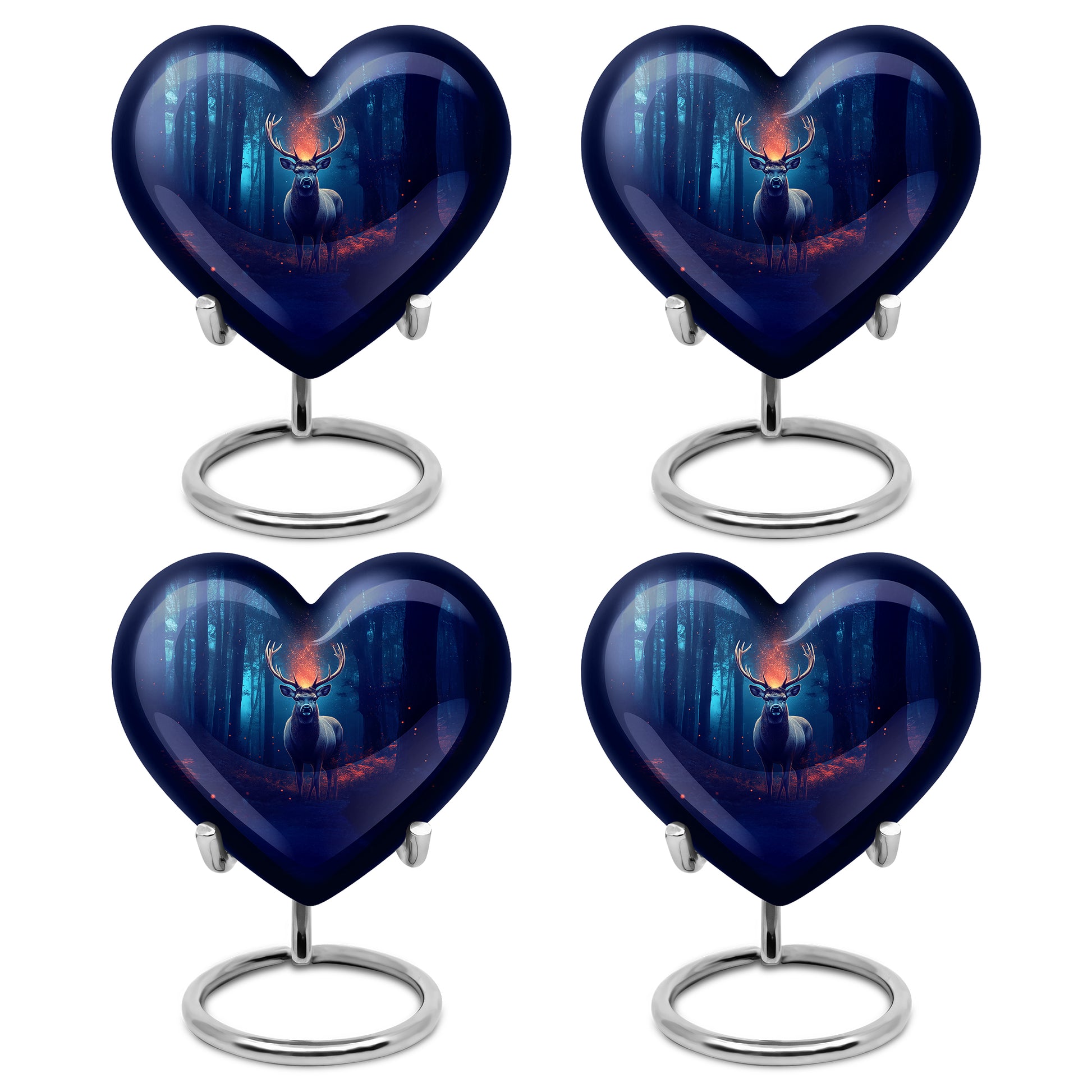 Cobalt Blue Deer Cremation Urn angled view of lid and engraved motif - compassionate heart-deer combination with gentle curves - 10 inch aluminum urn for cremated remains