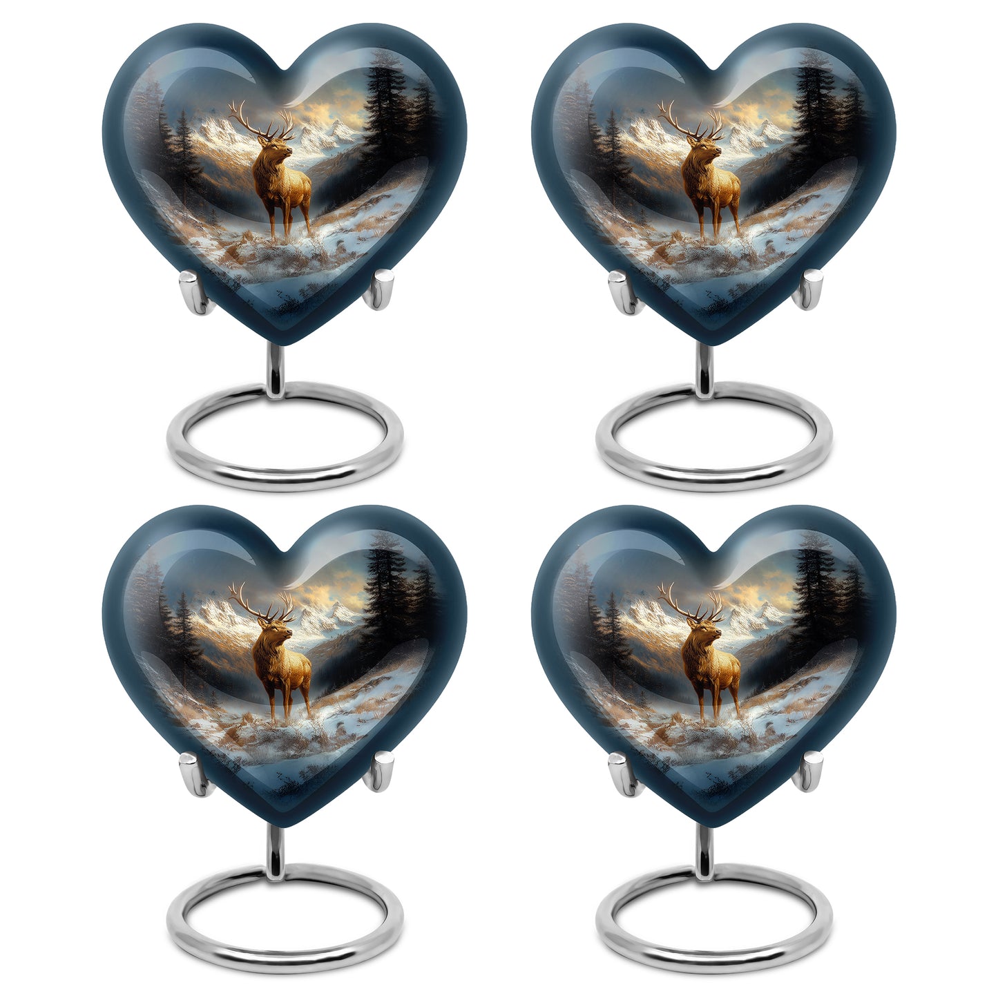 Azure Deer Cremation Urn angled view of lid and engraved motif - loving heart memorial featuring deer pattern - 10 inch aluminum urn for cremated remains
