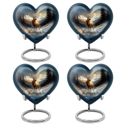 Azure Deer Cremation Urn angled view of lid and engraved motif - loving heart memorial featuring deer pattern - 10 inch aluminum urn for cremated remains
