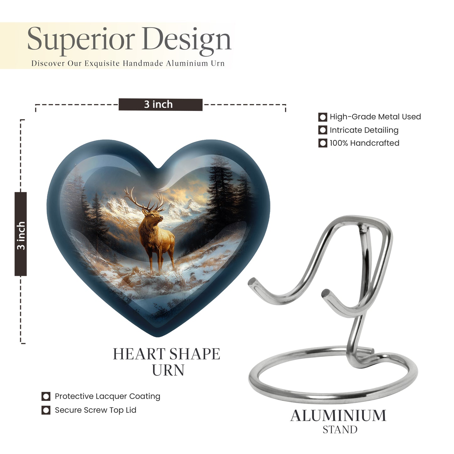 Azure Deer Cremation Urn front view showing detailed design - heart-shaped deer design symbolizing eternal love - mini keepsake memorial for portion of cremation ashes