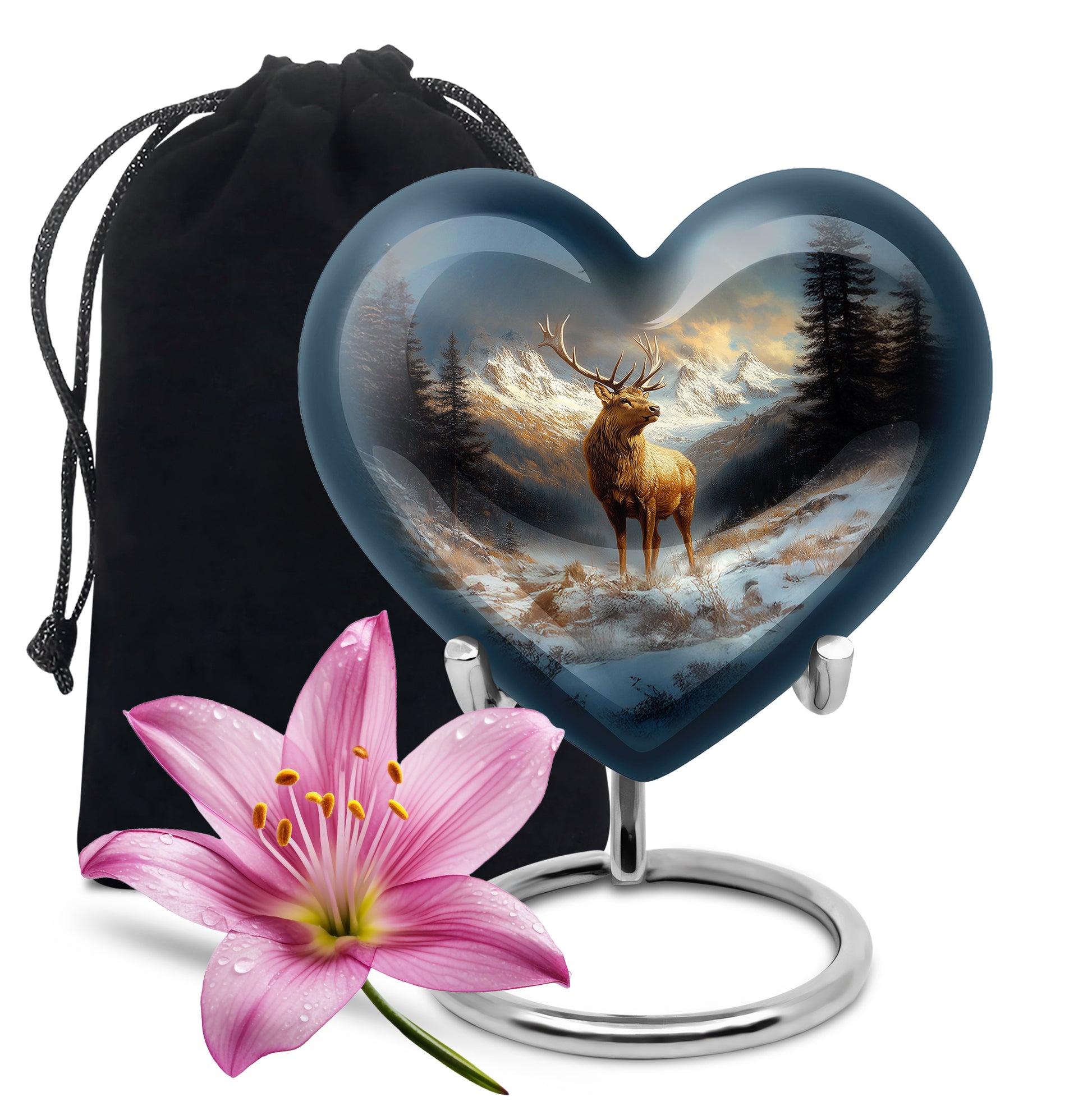 Calming Blue Deer Cremation Urn detail view - romantic heart urn with deer motif on aluminum - full-size 10 inch 200 cubic inch adult cremation urn