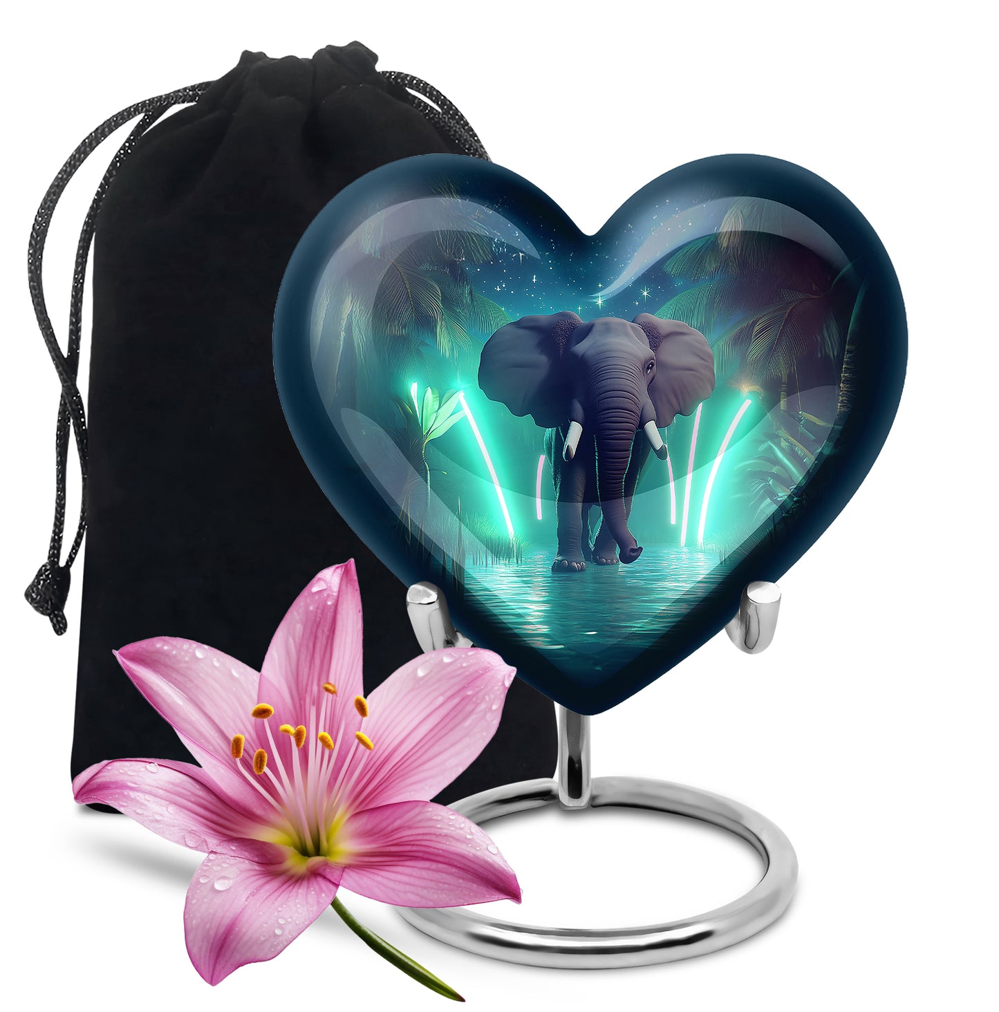 Navy Blue Elephant Cremation Urn detail view - heart-shaped elephant design symbolizing eternal love - full-size 10 inch 200 cubic inch adult cremation urn