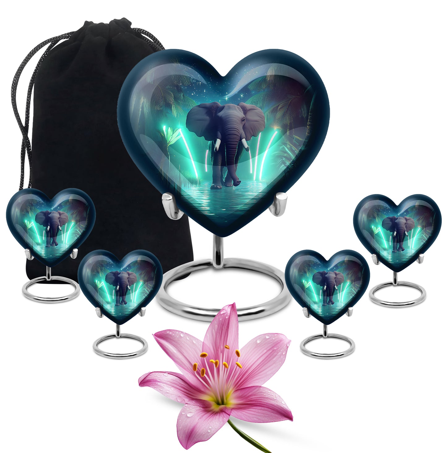 Twilight Blue Elephant Cremation Urn close-up of engraving and surface detail - romantic heart urn with elephant motif on aluminum - memorial set with one large and four small urns