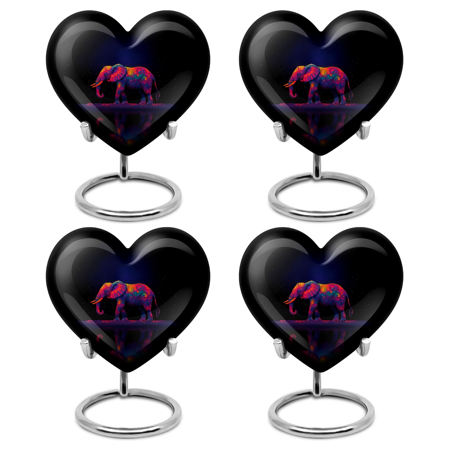 Dusty Blue Elephant Cremation Urn angled view of lid and engraved motif - heart-shaped elephant design symbolizing eternal love - 10 inch aluminum urn for cremated remains
