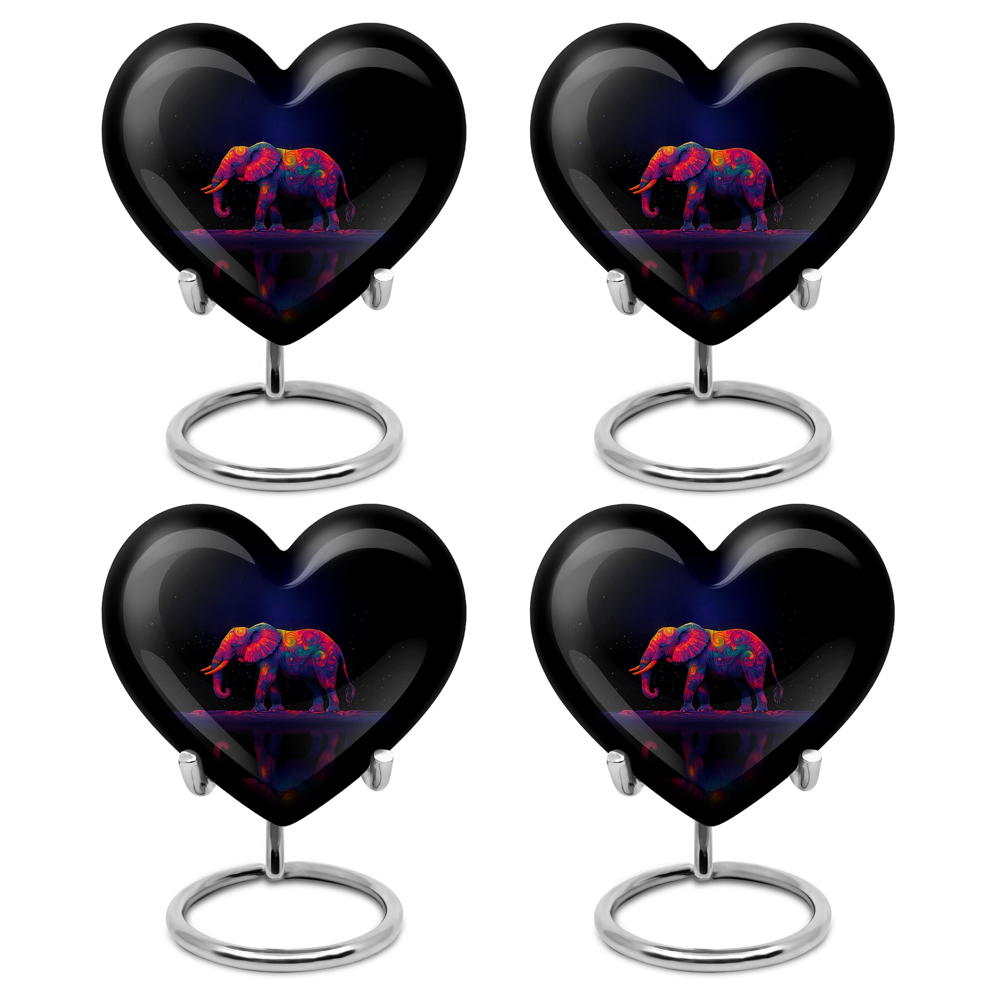 Dusty Blue Elephant Cremation Urn angled view of lid and engraved motif - heart-shaped elephant design symbolizing eternal love - 10 inch aluminum urn for cremated remains