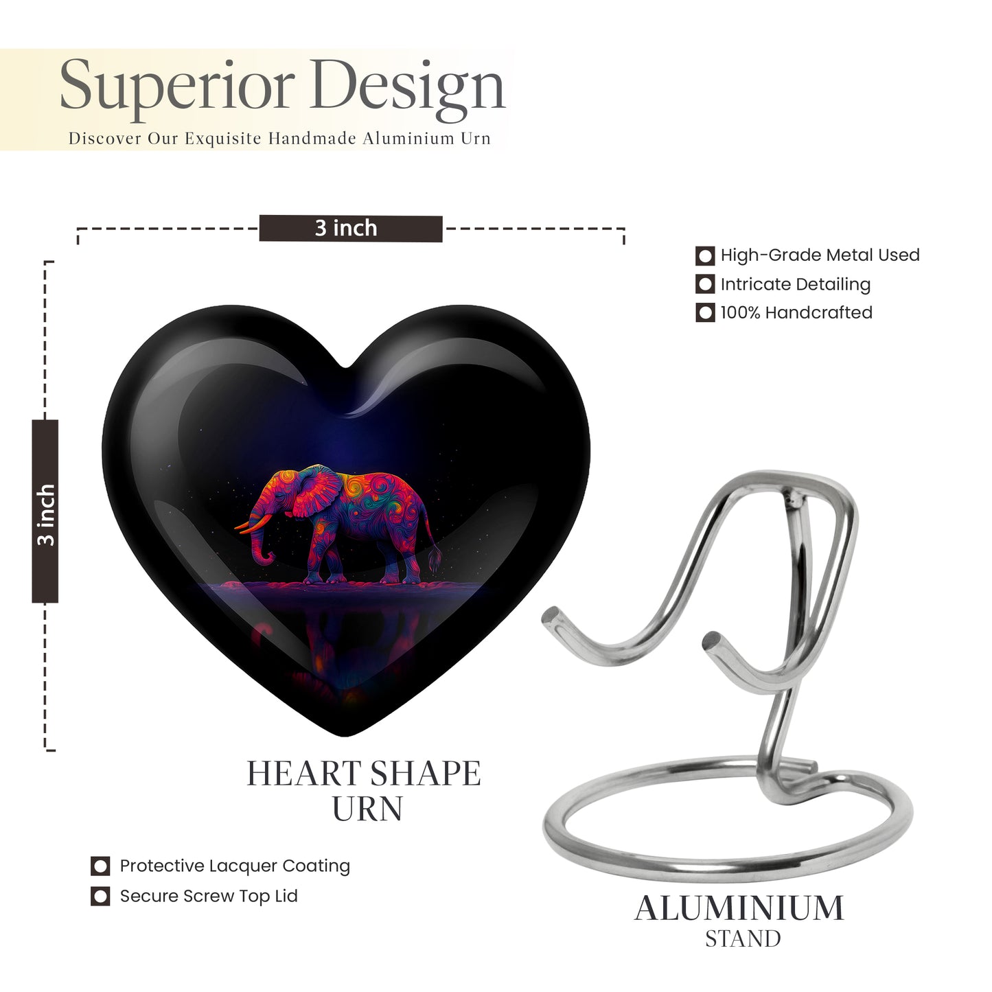 Celestial Blue Elephant Cremation Urn front view showing detailed design - heart-shaped elephant design symbolizing eternal love - mini keepsake memorial for portion of cremation ashes