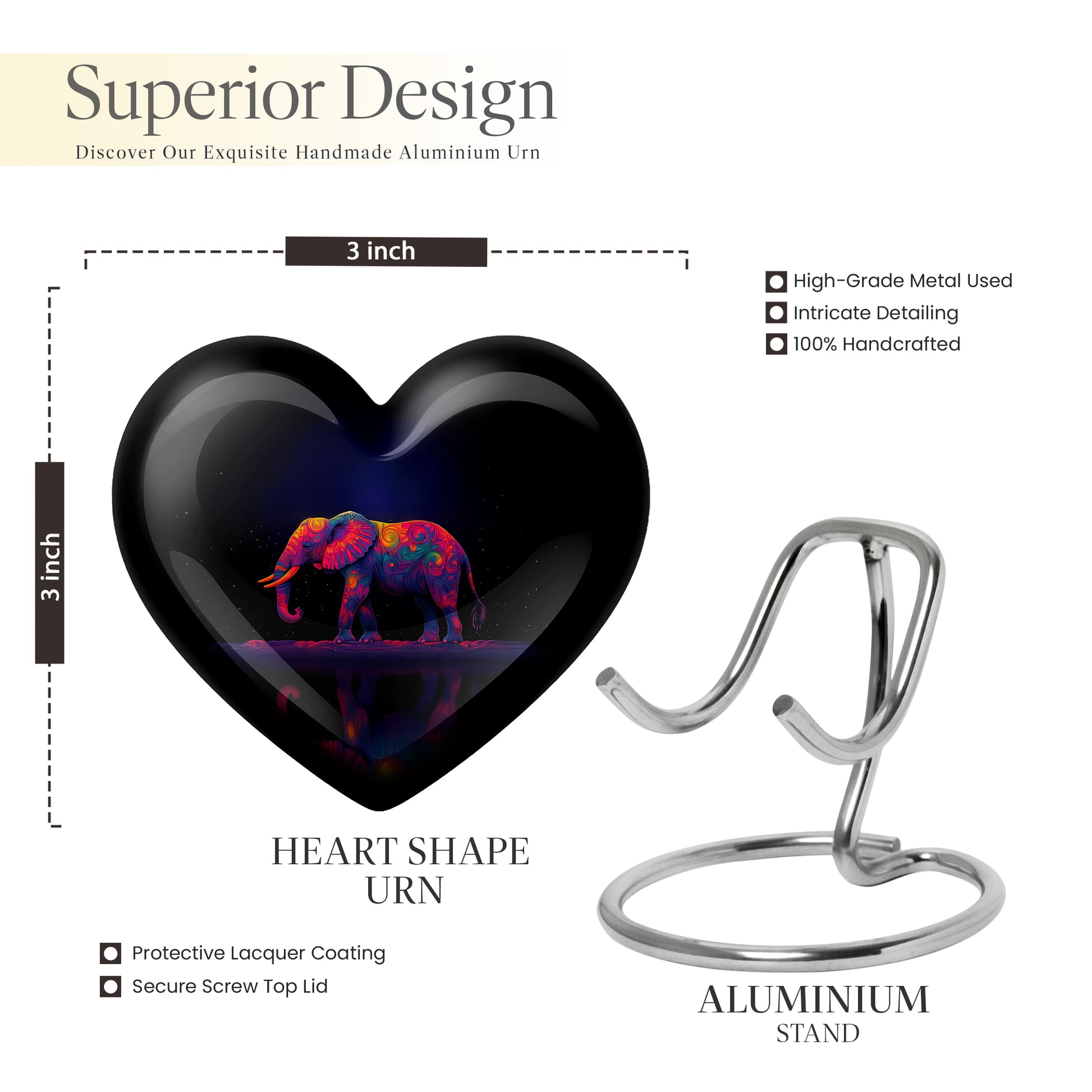 Celestial Blue Elephant Cremation Urn front view showing detailed design - heart-shaped elephant design symbolizing eternal love - mini keepsake memorial for portion of cremation ashes